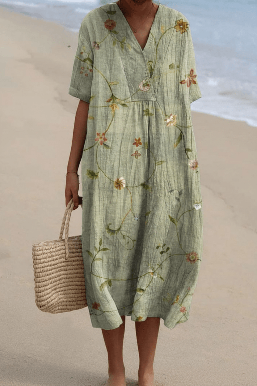 Floral Print V Neck Midi Dress for Beach Vacation and Fall Dresses for Women Occasions