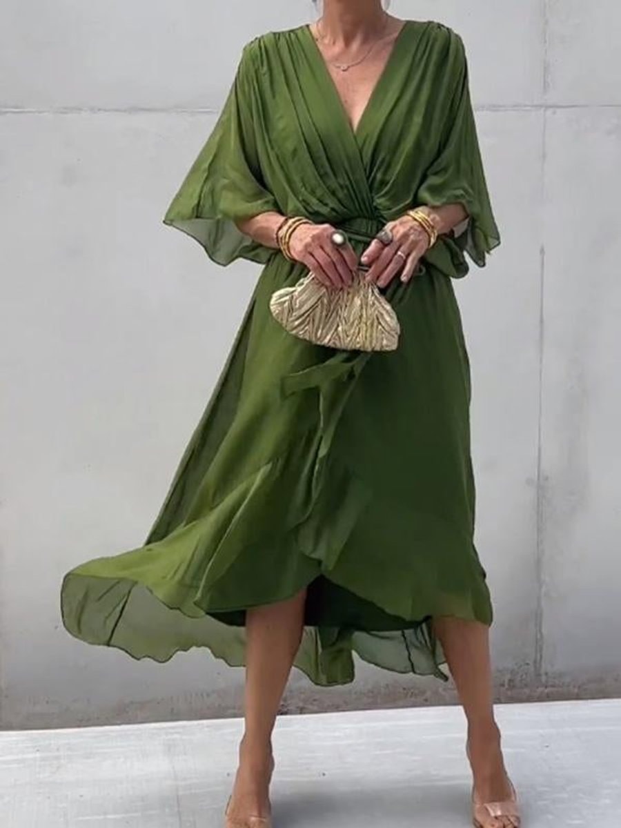 Women's Belted Chiffon Wrap Dress with V-Neck and Flowy Midi Length