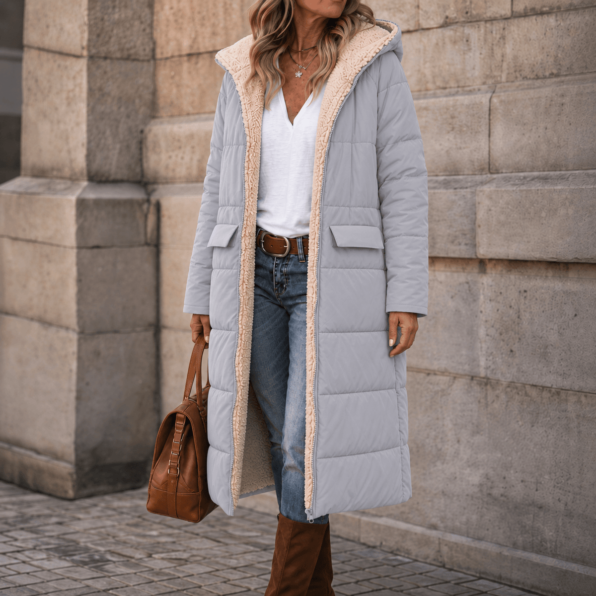 Reversa Women's Reversible Hooded Long Winter Coat with Faux Shearling Lining