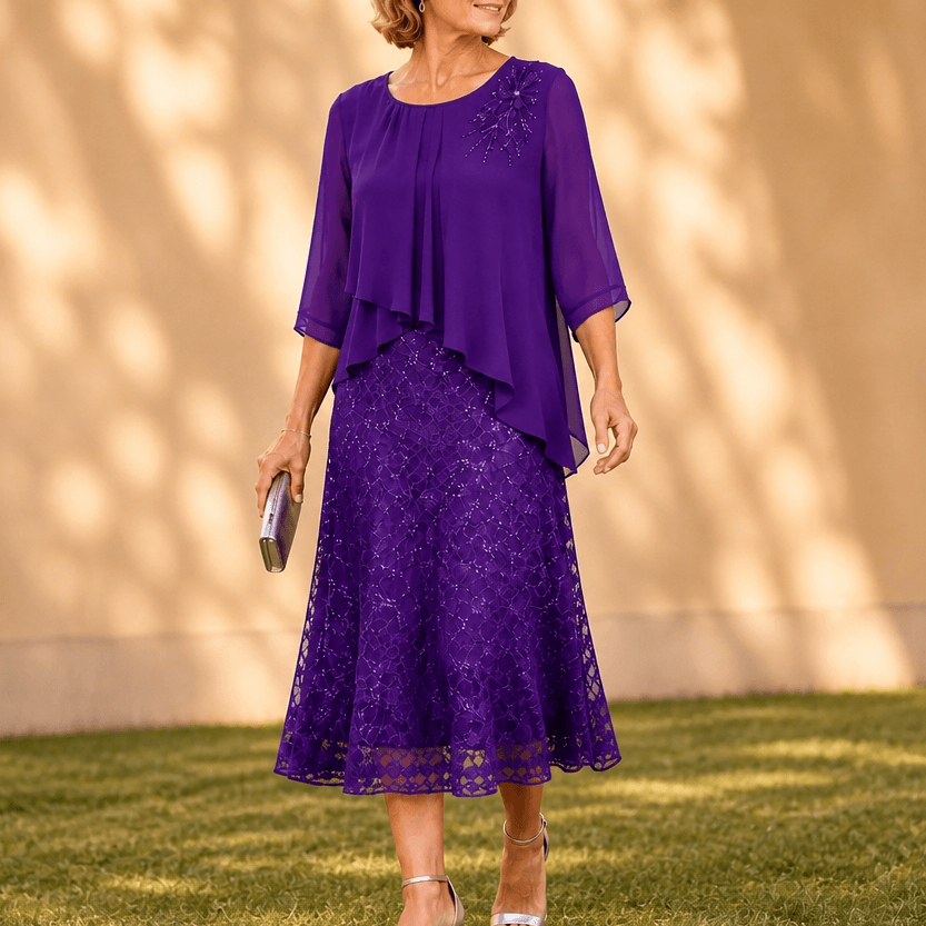 Elavine Floral Lace Overlay Chiffon Women's Midi Dress with Sheer Sleeves