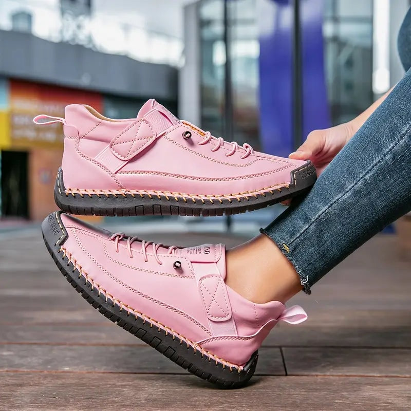 Women's Leather Lace-Up Sneakers with Adjustable Strap for Comfort