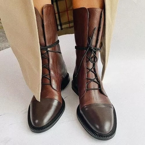 Lace-Up Cap Toe Fall Boots with Ankle-High Faux Leather Shaft