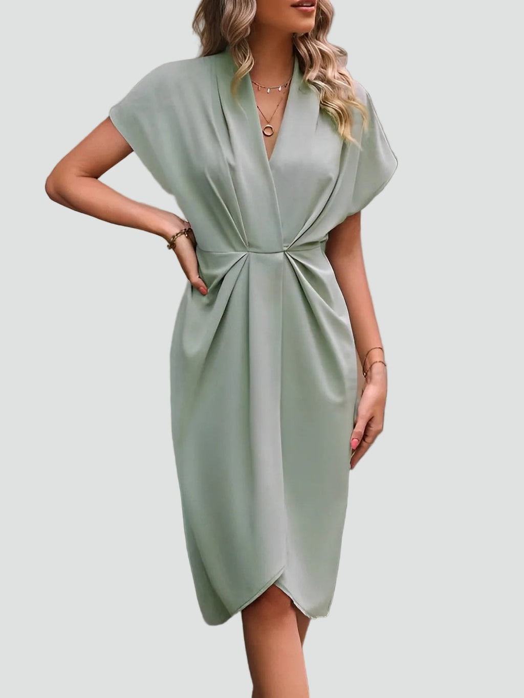 Draped Deep-V Split-Front Women's Midi Dress with Tulip Hem
