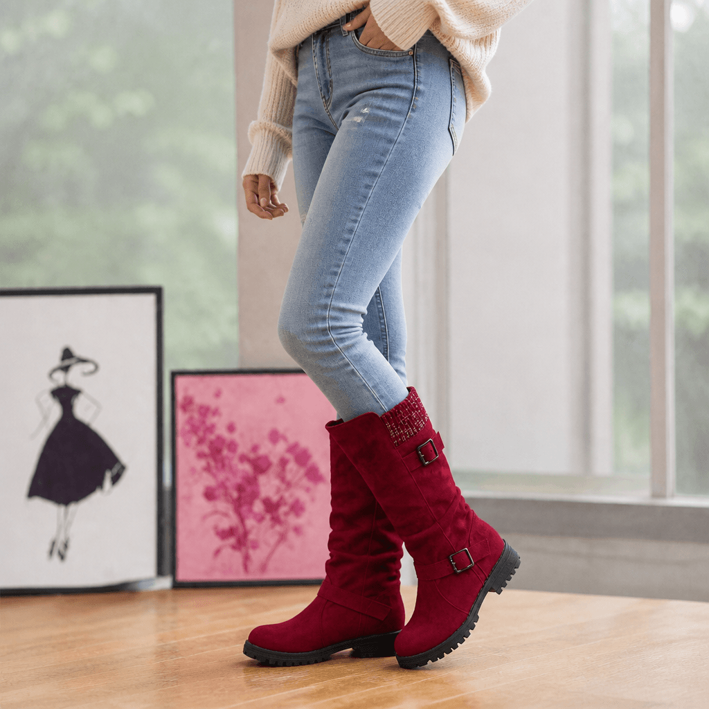 Ribbed Cuff Lug Sole Slouch Women's Boots with Suede-Look Upper