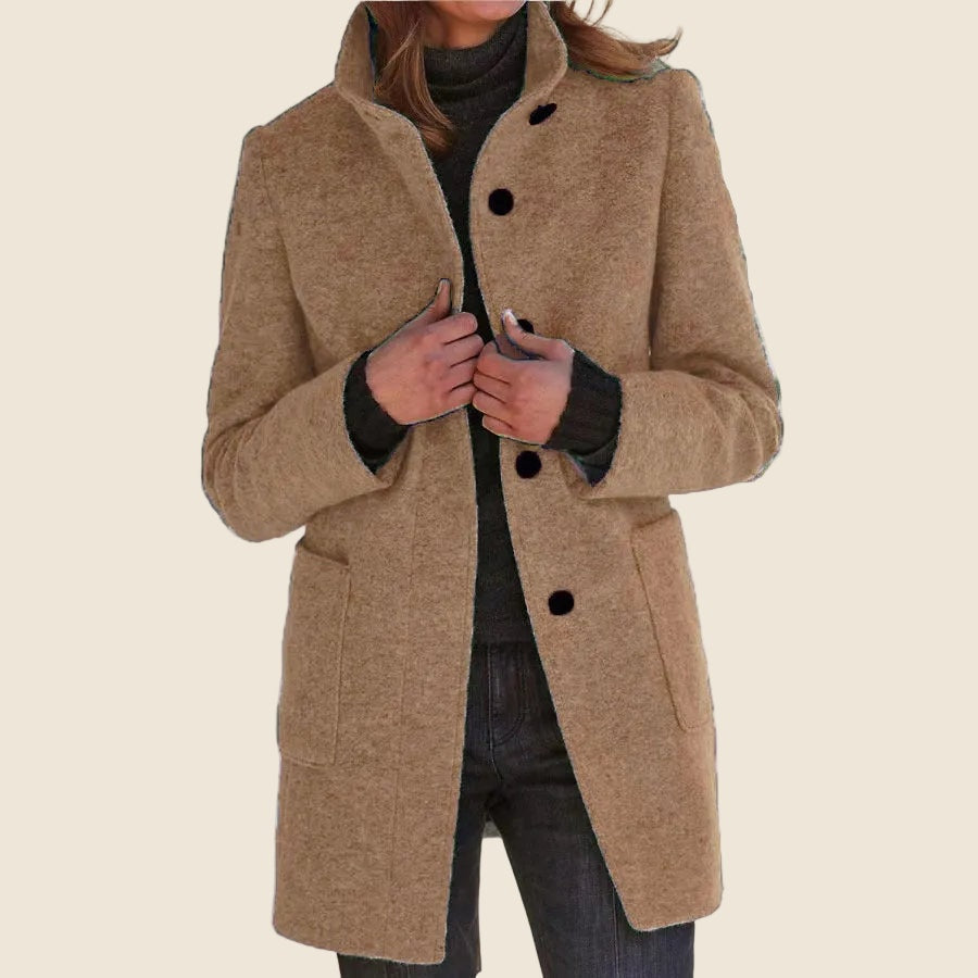 Mid-Length Pea Coat with Stand Collar and Patch Pockets