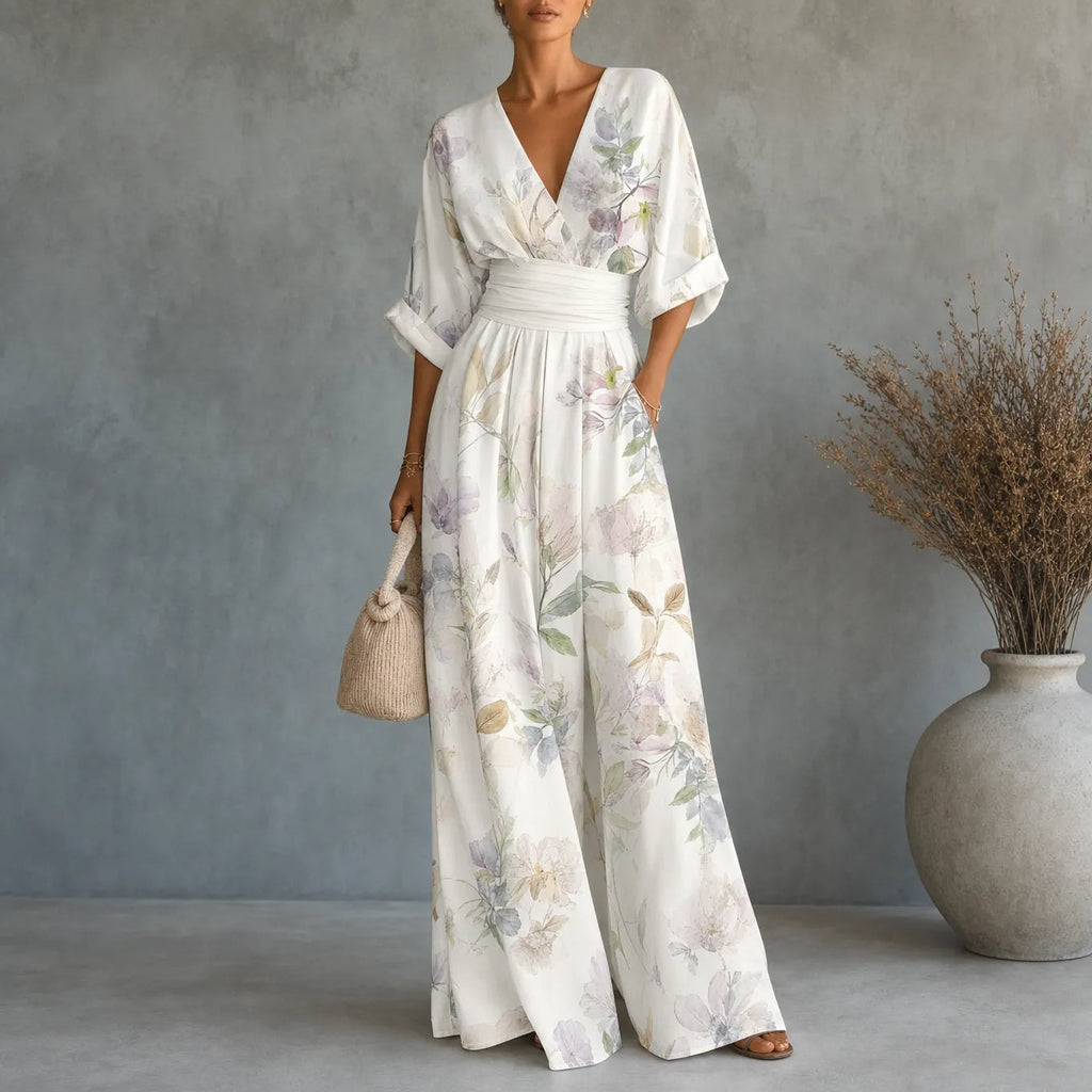 Floral Wide-Leg Jumpsuit with Cinched Waist in Place of a Two-Piece Set