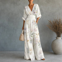 Floral Wide-Leg Jumpsuit with Cinched Waist in Place of a Two-Piece Set