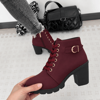 Women's Lace-Up Chunky Block Heel Ankle Boots with Side Zipper and Buckle Strap