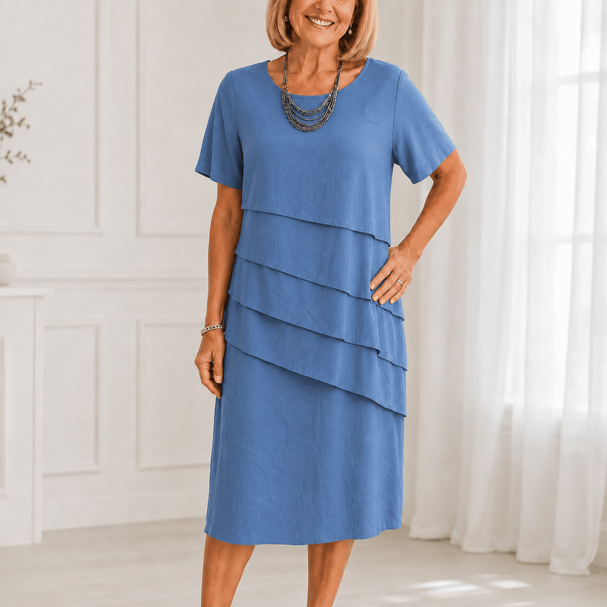Florenza Tiered Asymmetric Chiffon-Like Women's Midi Dress with Flutter Sleeves