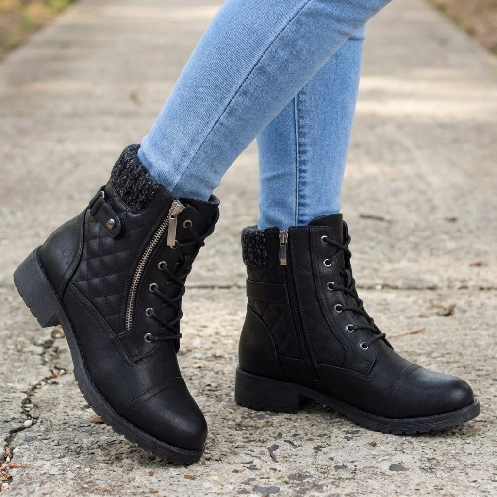 Women's Quilted Lace-Up Ankle Boots with Side Zip and Block Heel
