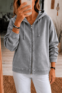 Women's Washed Relaxed Fit Zip-Up Hoodie with Drawstring Hood