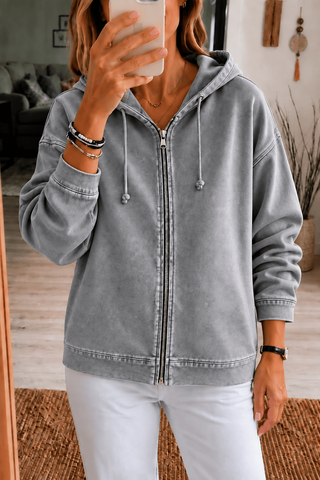 Women's Washed Relaxed Fit Zip-Up Hoodie with Drawstring Hood