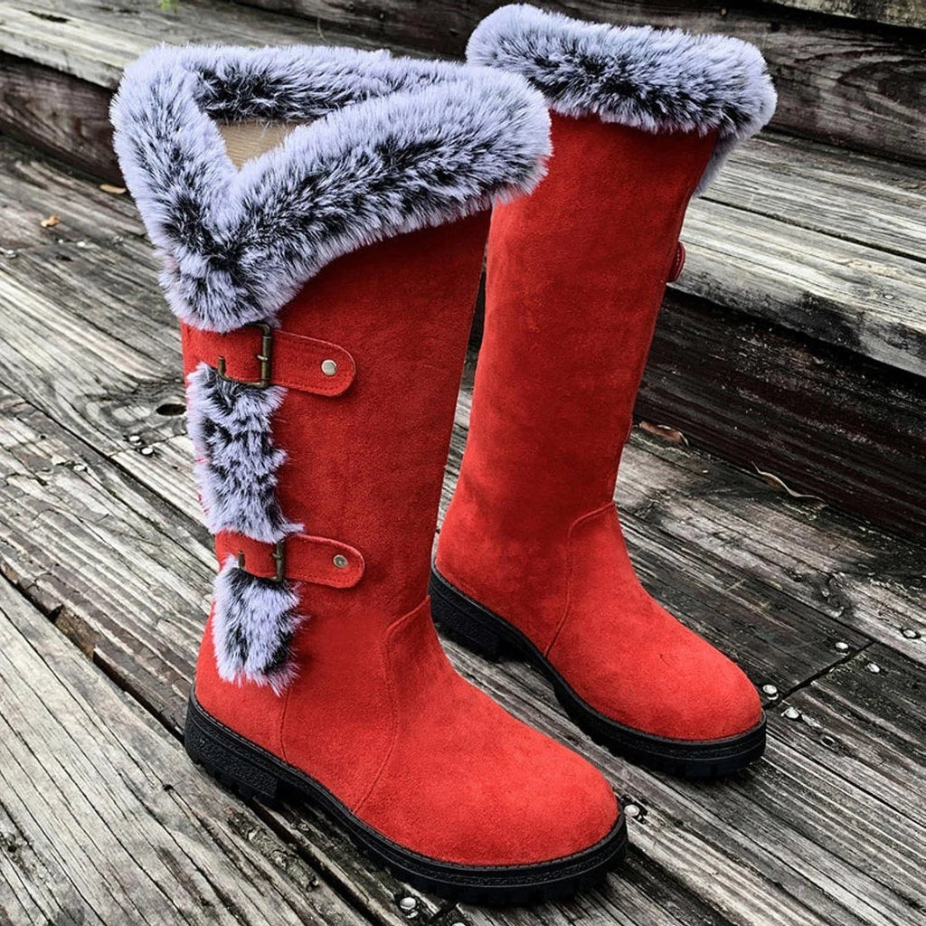 Women's Knee-High Faux Suede Boots with Buckle Straps and Plush Fur Trim