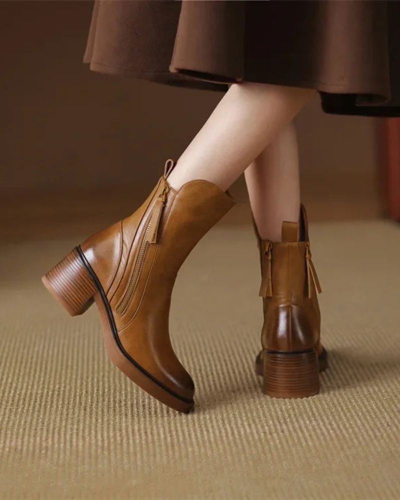 Women's Round-Toe Vegan Leather Ankle Boots with Block Heel and Side Zip