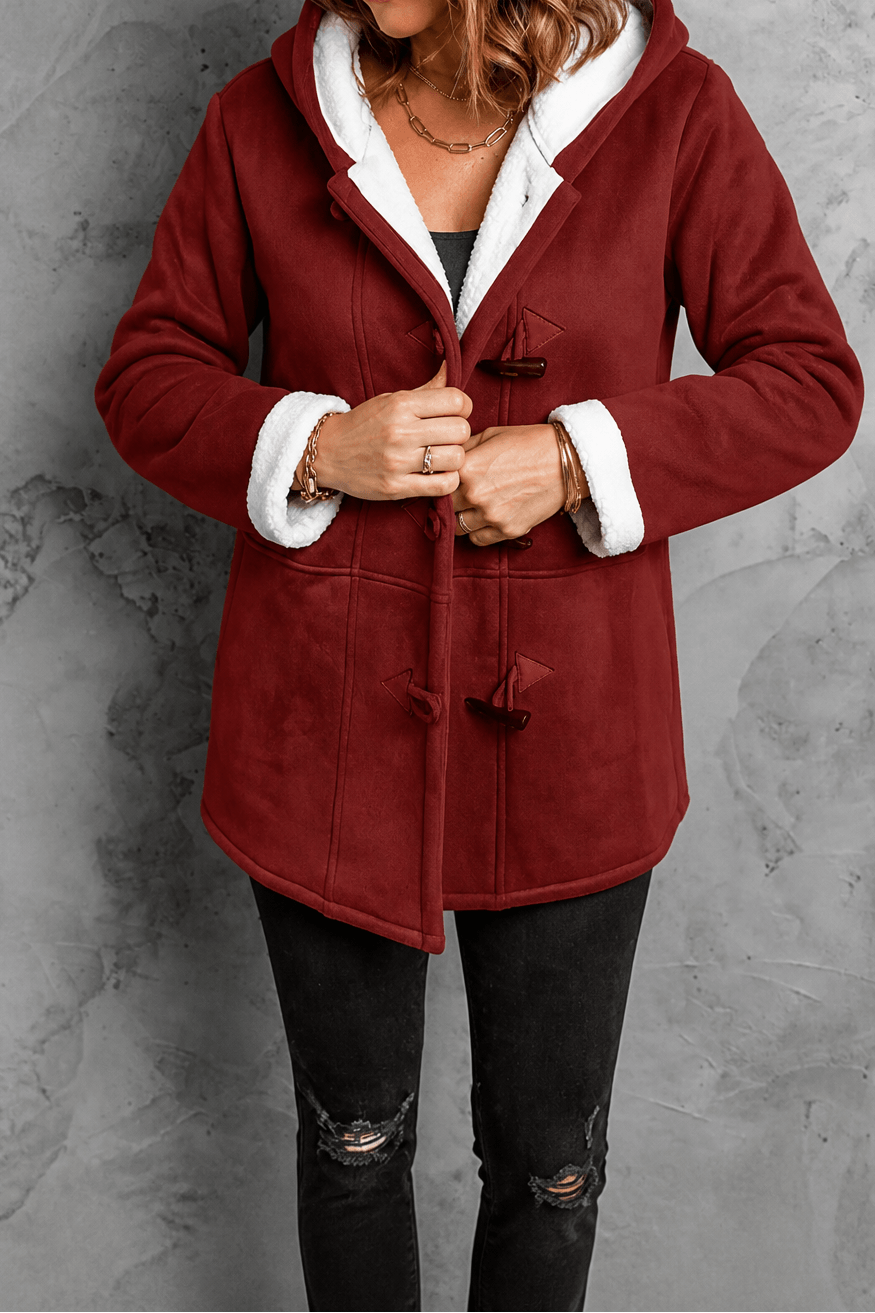 Women's Hooded Faux Suede Winter Coat with Plush Sherpa Lining