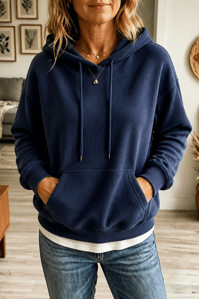 Women's Ribbed Corduroy-Look Pullover Hoodie with Front Pocket