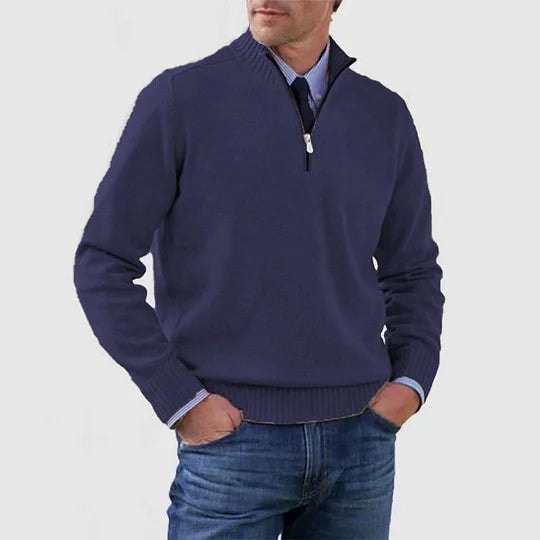Men's Half-Zip Mock Neck Knitted Sweater with Ribbed Trim