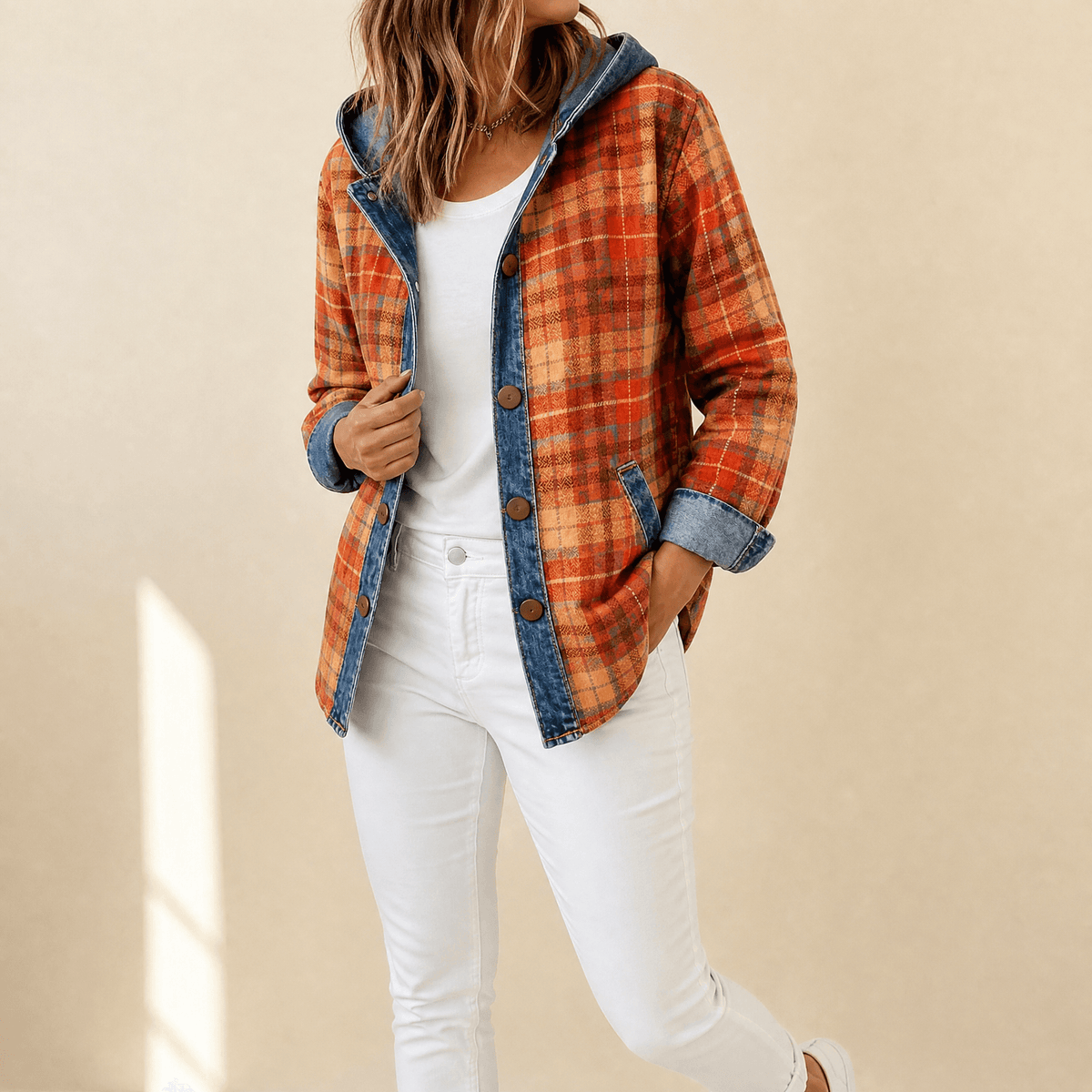Weslyn Plaid Hooded Shacket with Denim Trim for Women