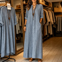 Striped V-Neck Maxi Dress with Long Sleeves and Pockets for Women