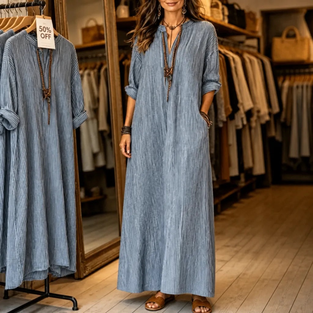 Striped V-Neck Maxi Dress with Long Sleeves and Pockets for Women