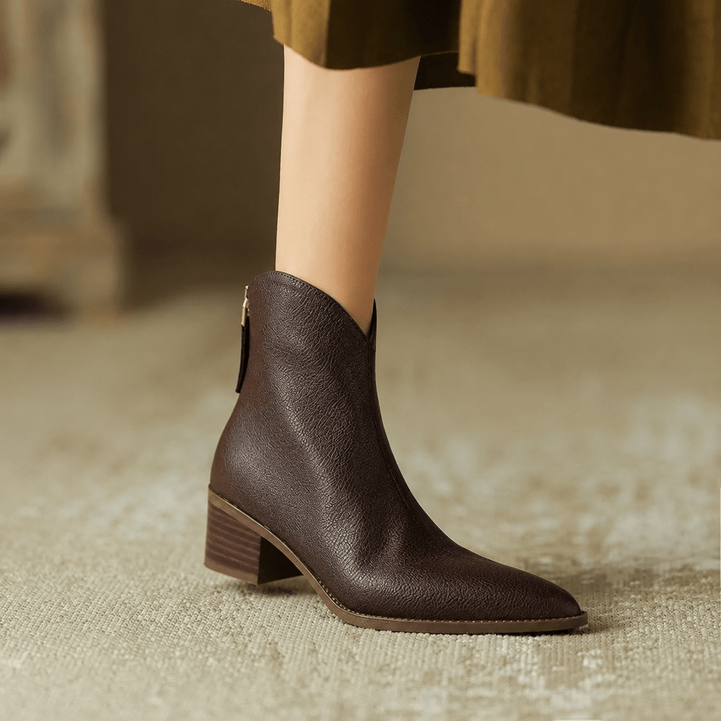 Kensley Pointed-Toe Faux Leather Women's Boots with Block Heel and Side Zip