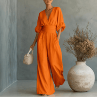 Wide-Leg Jumpsuit with V Neck and Pleated Waist Sash