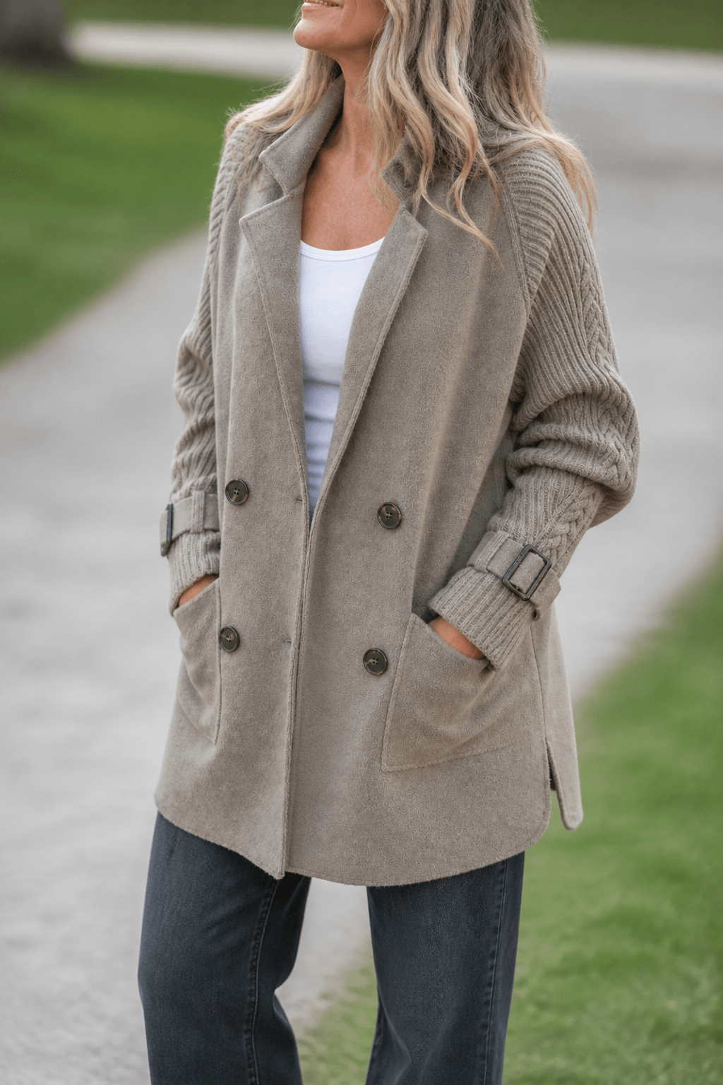 Isola Cable-Knit Sleeve Double-Breasted Longline Winter Coat for Women