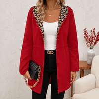 Women's Reversible Leopard Print Hooded Winter Coat with Solid Reverse Side