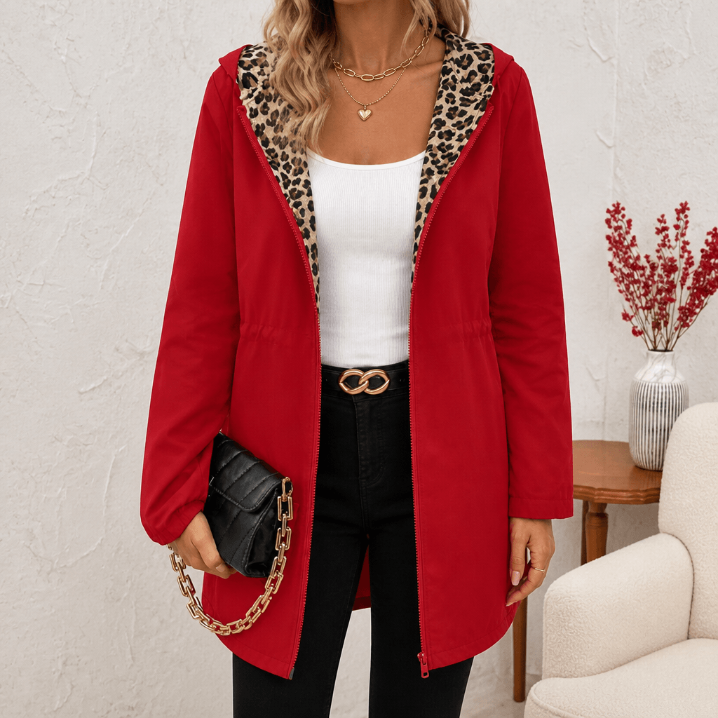 Women's Reversible Leopard Print Hooded Winter Coat with Solid Reverse Side