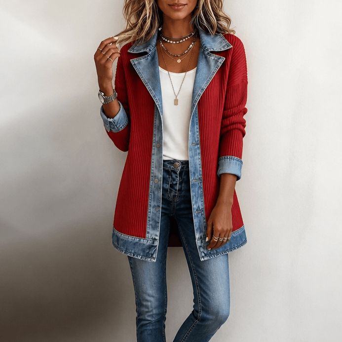 Women's Ribbed Knit Longline Sweater Cardigan with Denim Panel Trim