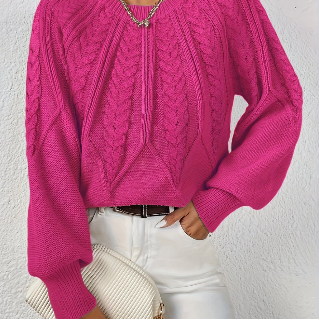 Women's Cropped Cable-Knit Sweater with Ribbed Crew Neck