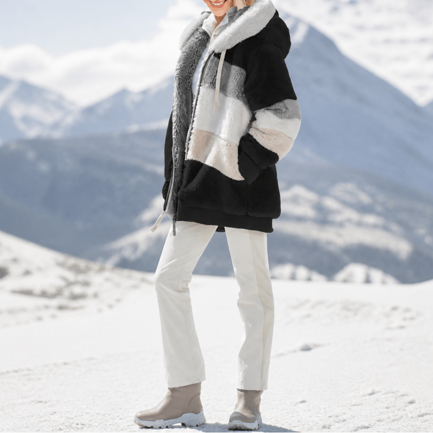 Furvella Women's Color-Block Oversized Faux Fur Hooded Winter Coat