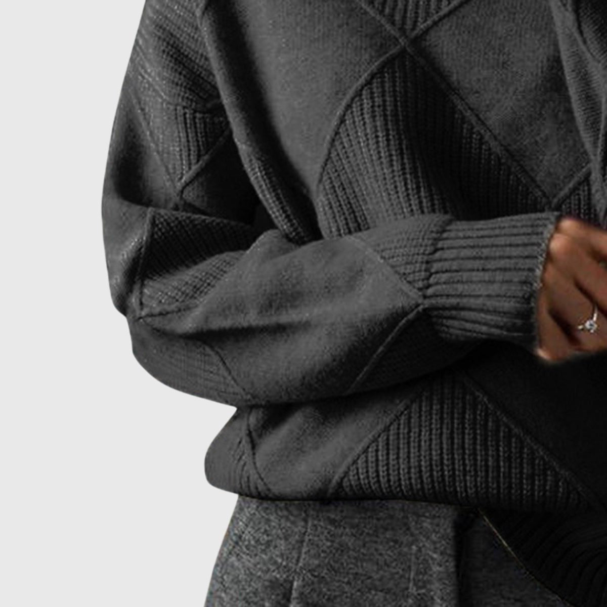 Women's Ribbed Knit Turtleneck Sweater with Diamond Pattern and Relaxed Fit