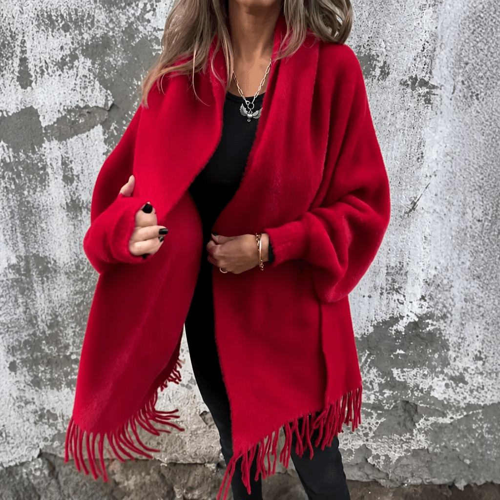 Women's Draped Shawl Collar Open-Front Wool Winter Coat with Fringe Detail