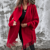 Women's Draped Shawl Collar Open-Front Wool Winter Coat with Fringe Detail