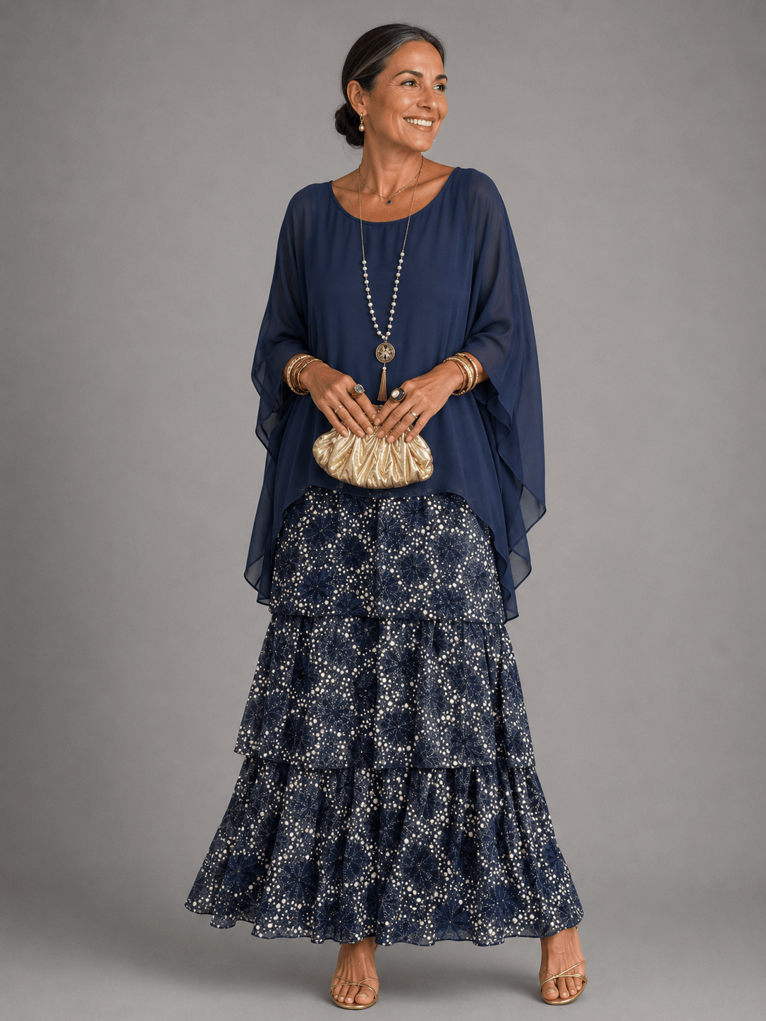 Tiered Ruffle Women's Midi-to-Maxi Dress with Flowing Capelet Sleeves