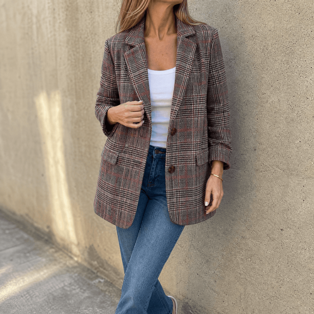 Women's Relaxed Glen Plaid Tailored Blazer with Flap Pockets