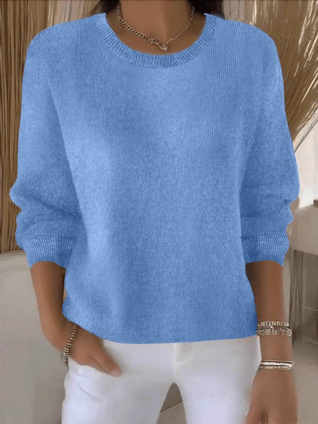 Lorie Ribbed-Cuff Women's Knitted Sweater with Crew Neck