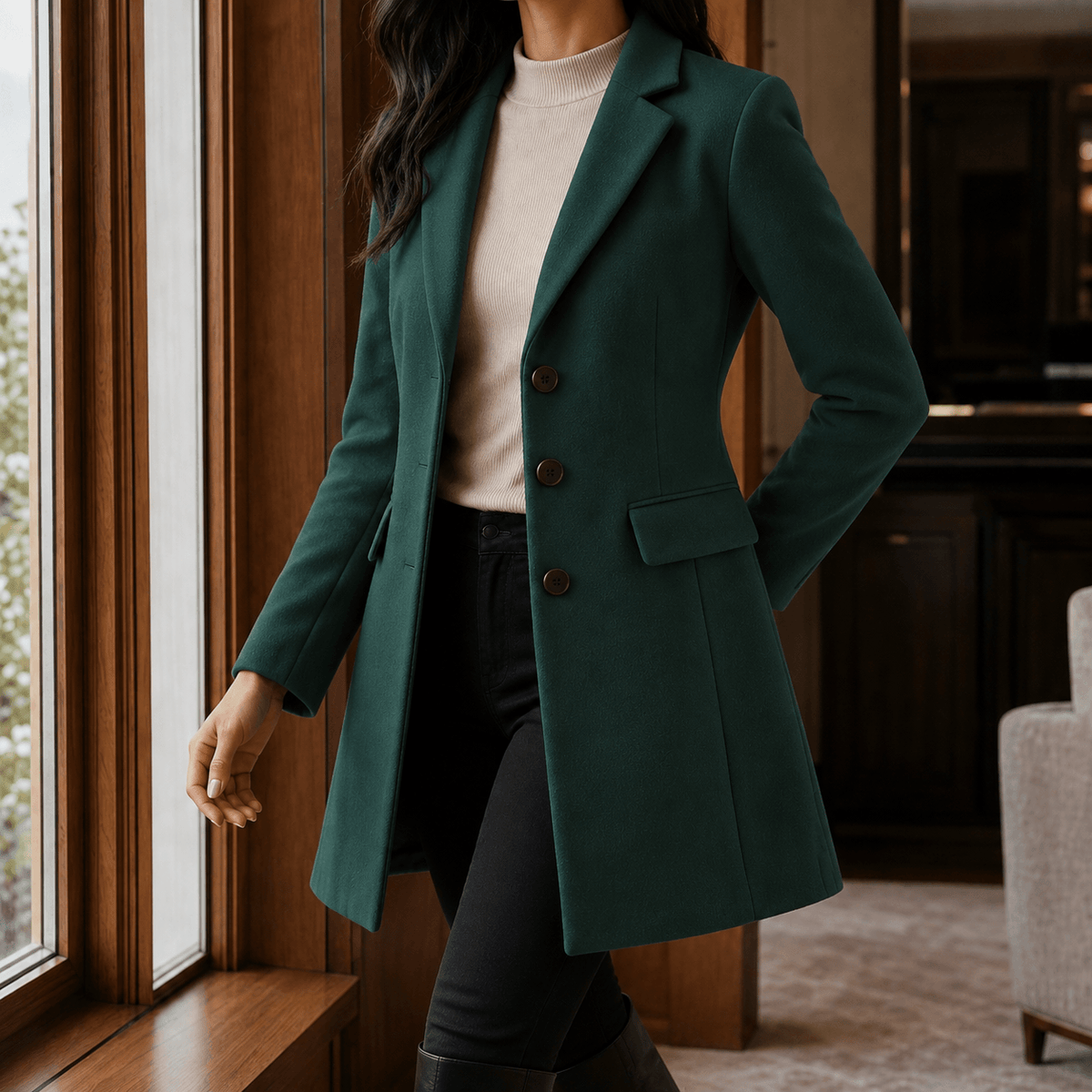 Women's Wool-Blend Tailored Winter Coat with Notched Lapel