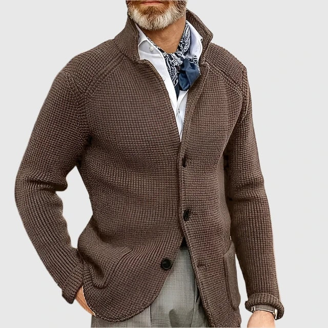 Waffle-Knit Button-Front Mens Sweaters Cardigan with Stand Collar