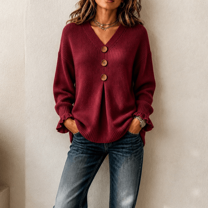 Vessa Ribbed V-Neck Button-Front Acrylic Knitted Sweater for Women