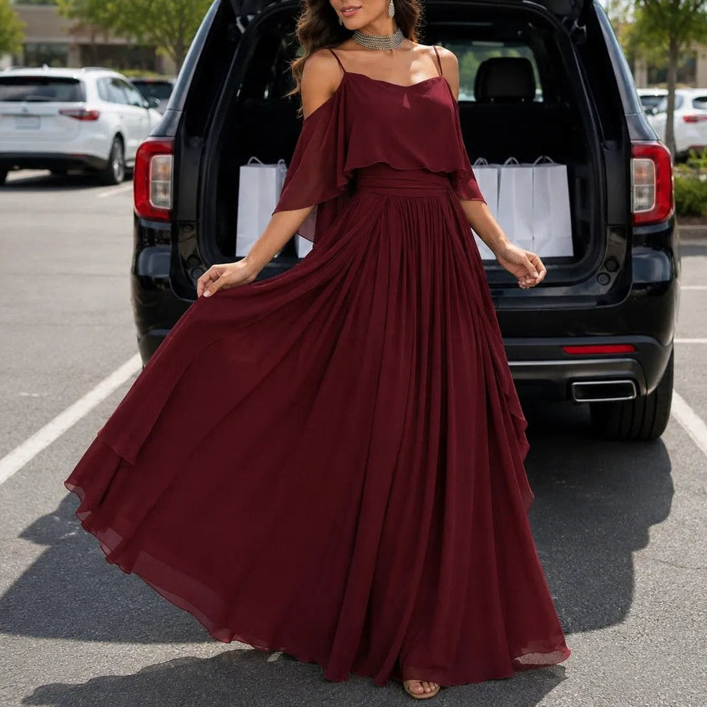 Solavia Cold-Shoulder Chiffon Women's Midi-to-Maxi Dress with Waist Drape