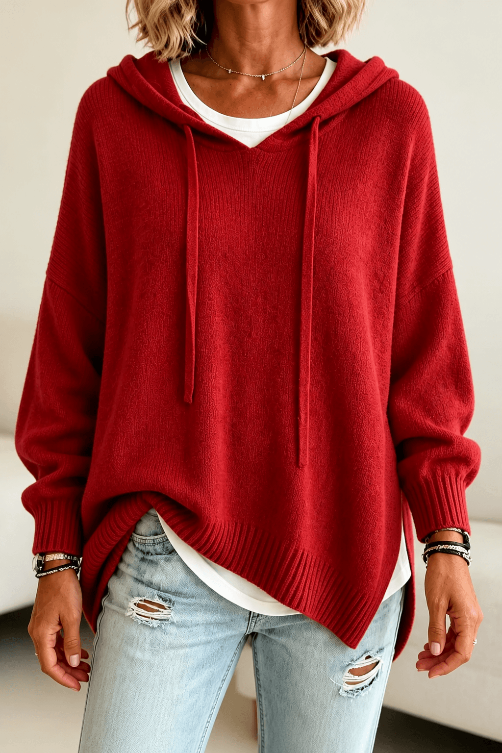 Women's Oversized Hooded Knitted Sweater with Drawstring