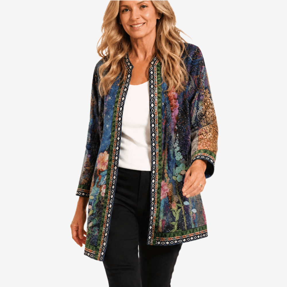 Patterned Open-Front Jacket with Embellished Trim for Women