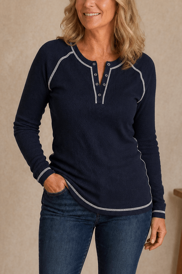 Women's Waffle Knit Henley Top with Button Placket