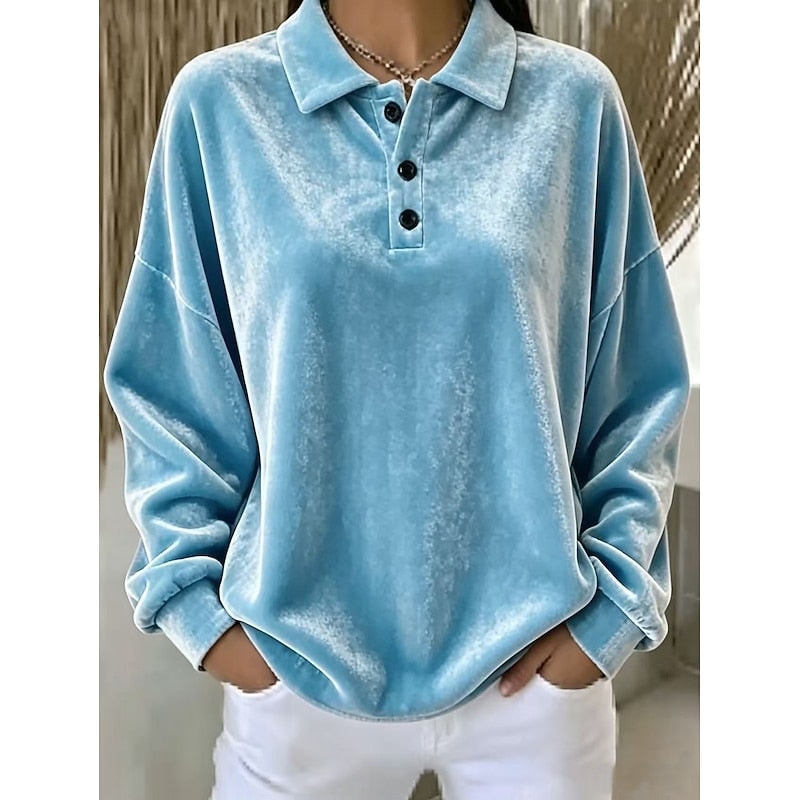 Women's Collared Sweater with Oversized Drop Shoulders and Button Placket