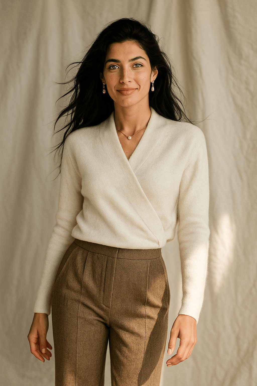 Women's Wrap-Front Knitted Sweater with V-Neck and Ribbed Hem
