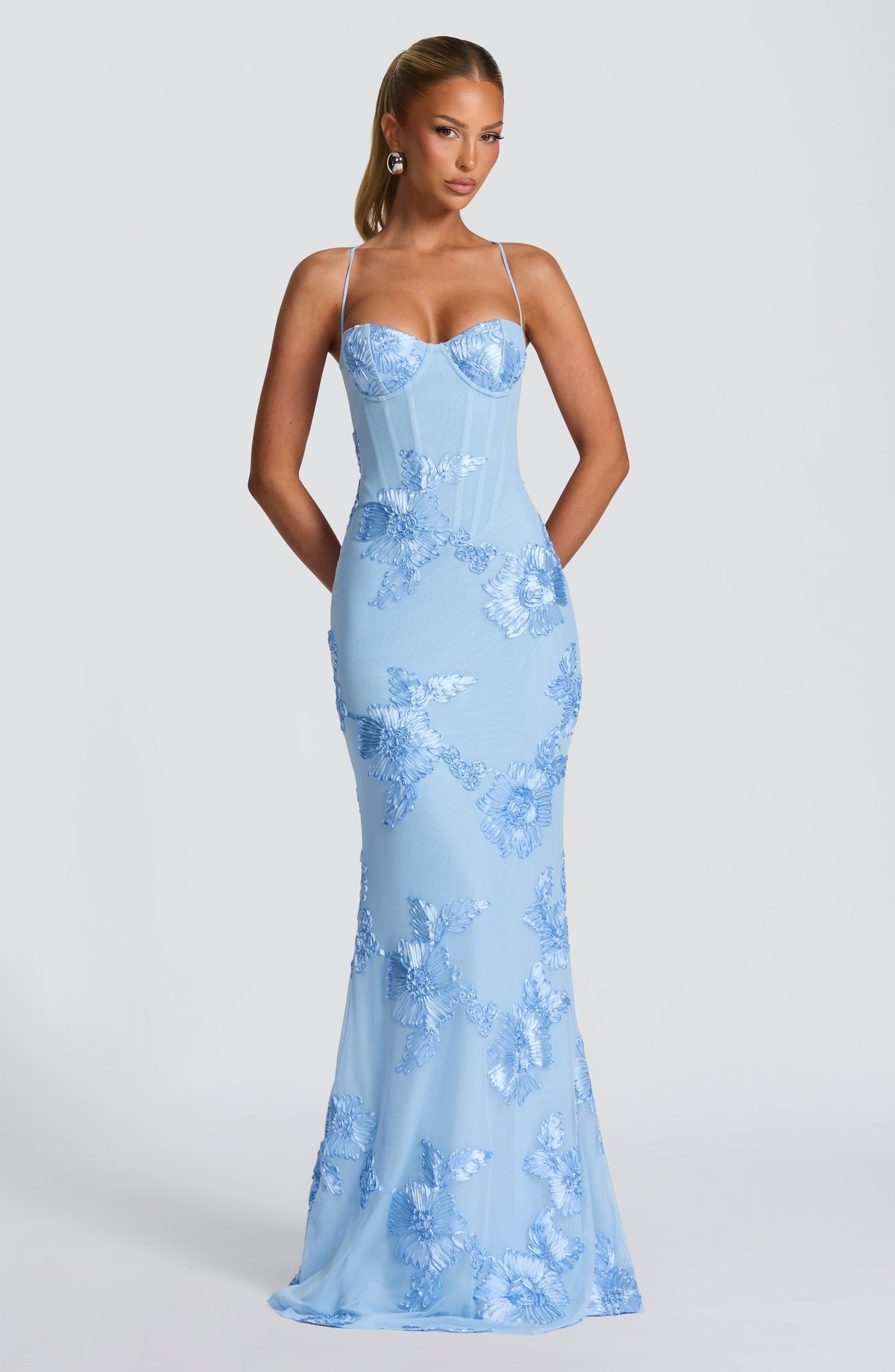 Women's Floral Embroidered Corset Maxi Dress with Spaghetti Straps