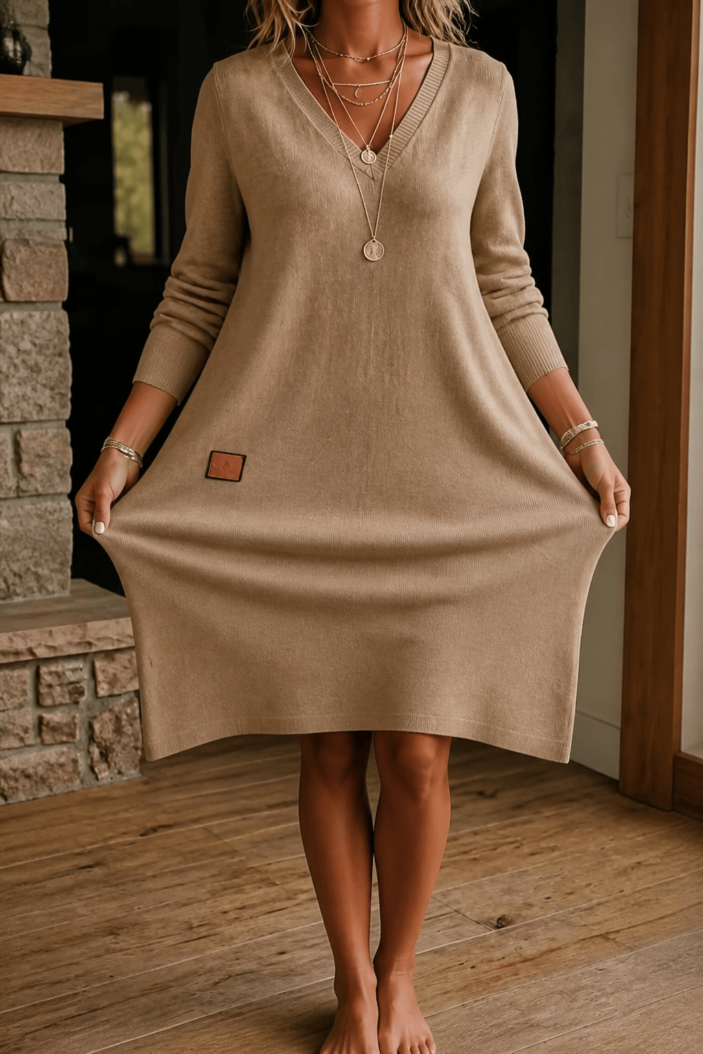 Women's A-Line V-Neck Midi Sweater Dress with Pockets