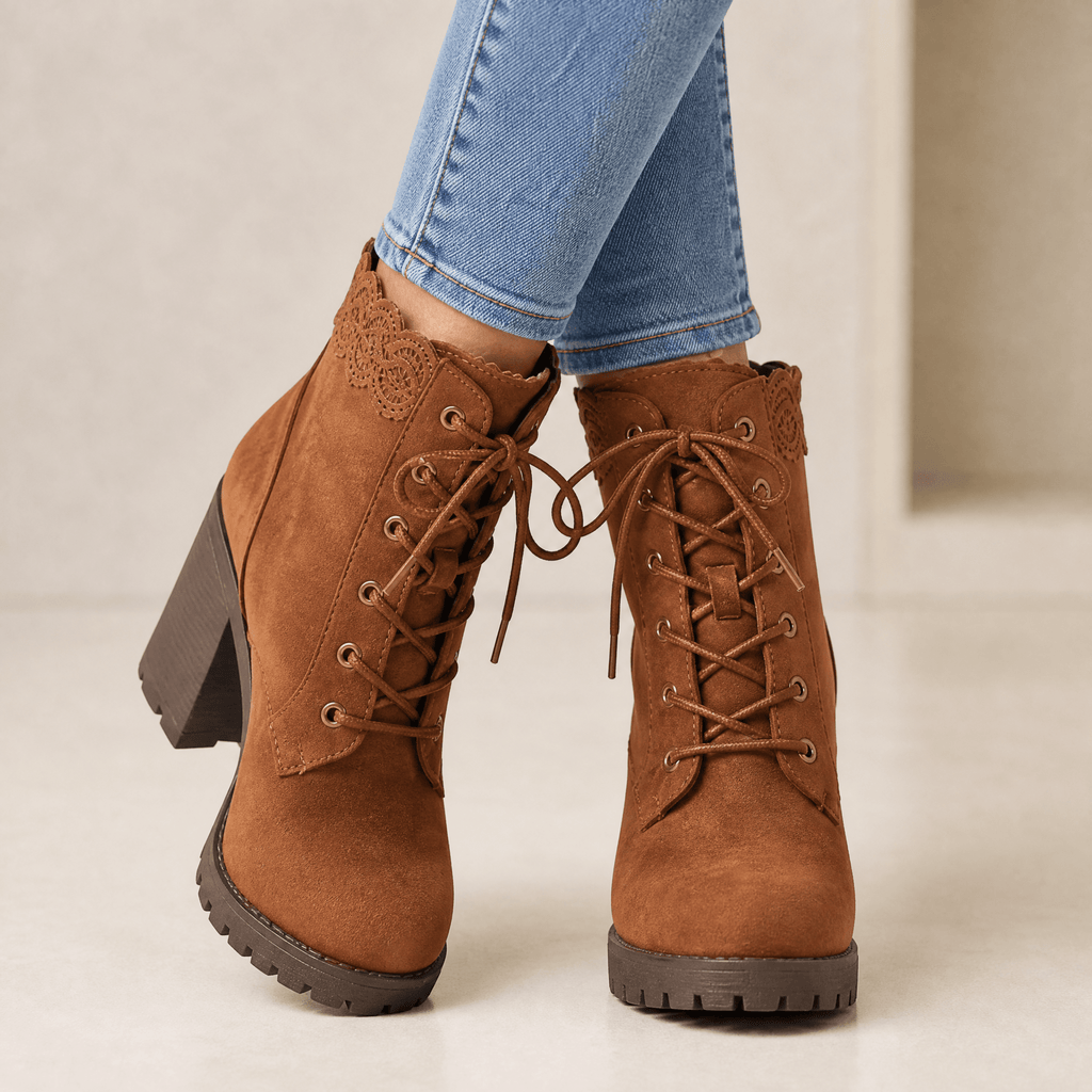 Lacelle Lace-Trim Suede Women's Ankle Boots with Chunky Block Heel